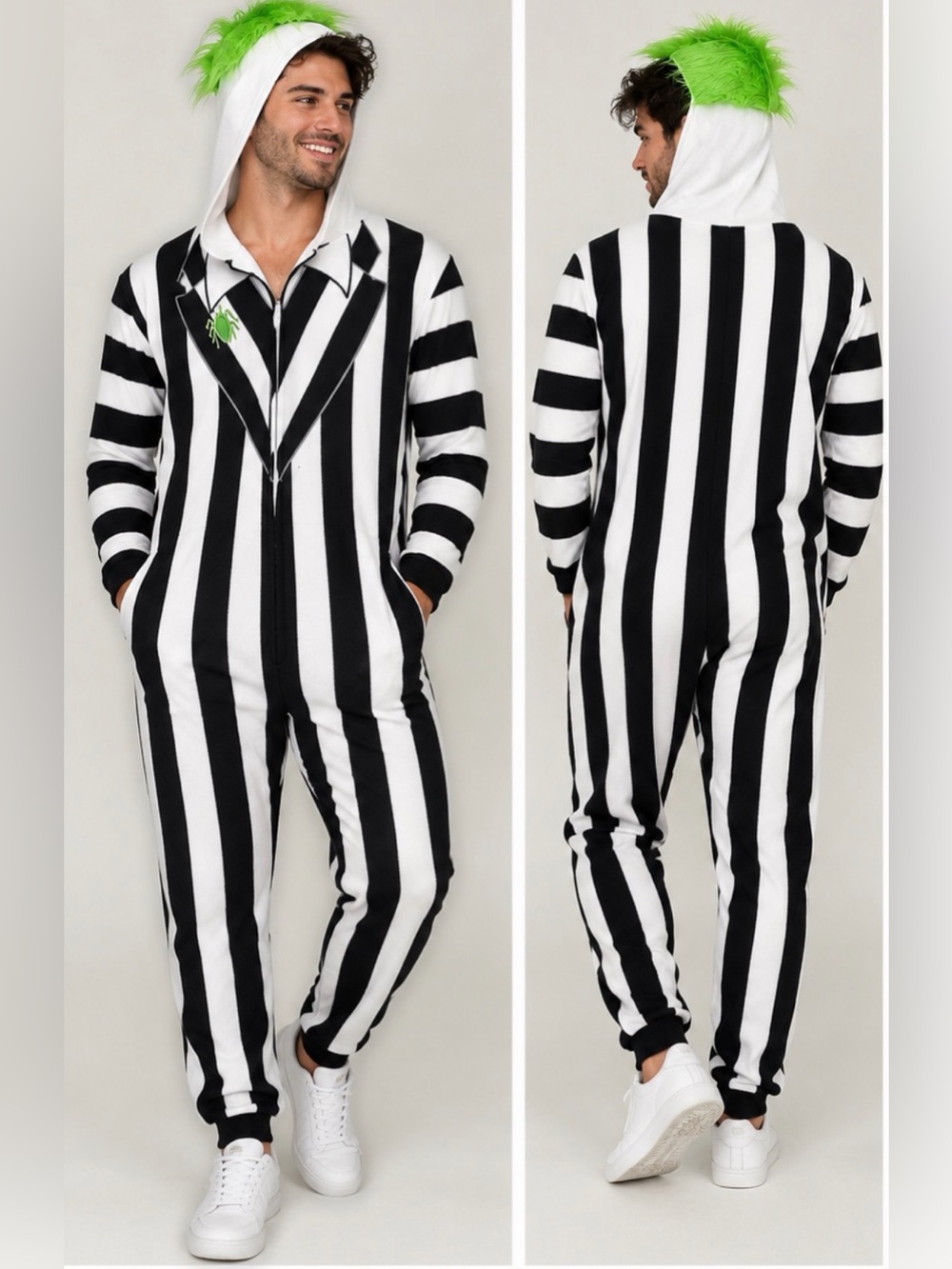Beetlejuice Hooded Zip Front Striped Jumpsuit Costume Black/White/Green XXL